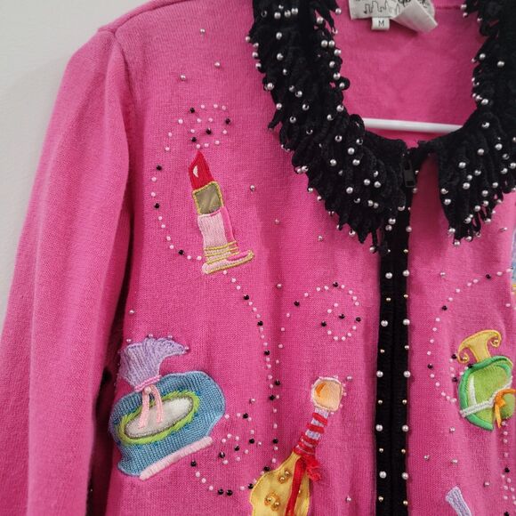 Jack B Quick Womens Full Zip Sweater Size Medium Pink Embroidered Perfume Bottle - Picture 3 of 9
